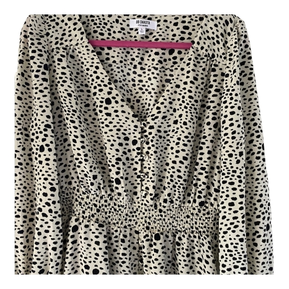 BB Dakota 'Spot A Cutie' Smocked Mini Dress Cream with Black Spots Size L - Picture 5 of 9